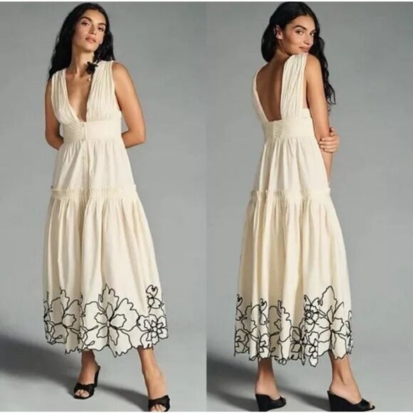 New Anthropologie Forever That Girl Tiered Deep V Cream Embroidered Dress L - Picture 1 of 12